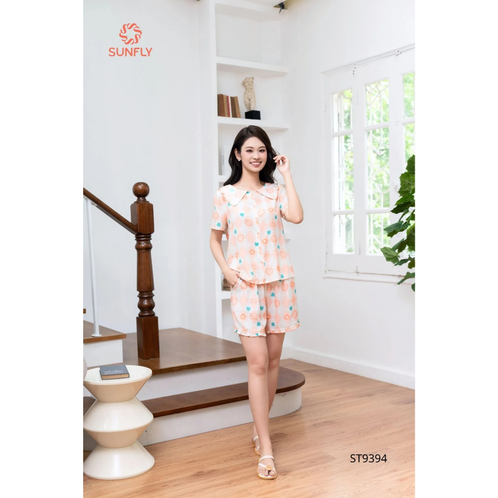 ST9394 Bộ pijama nữ lanh áo cộc quần sooc