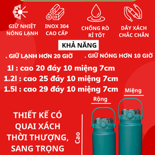 [TẶNG TÚI] Bình nước inox 304 1500ml Hilogi bình giữ nhiệt lạnh 20 giờ giờ chống xước, ống hút cao cấp