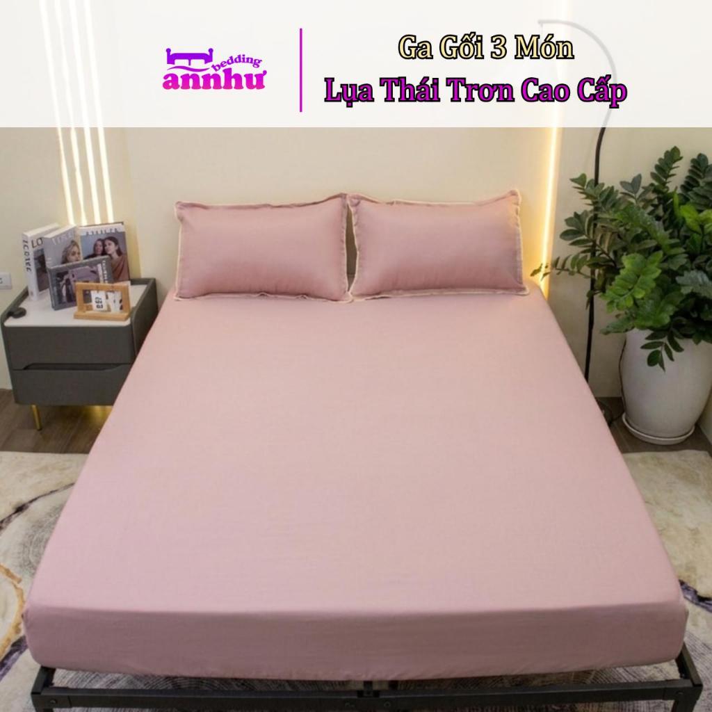 Set Ga Gối 3 Món Lụa Thái Trơn Cao Cấp , 1 ga trải giường + 2 vỏ gối nằm 45x65cm An Như Bedding