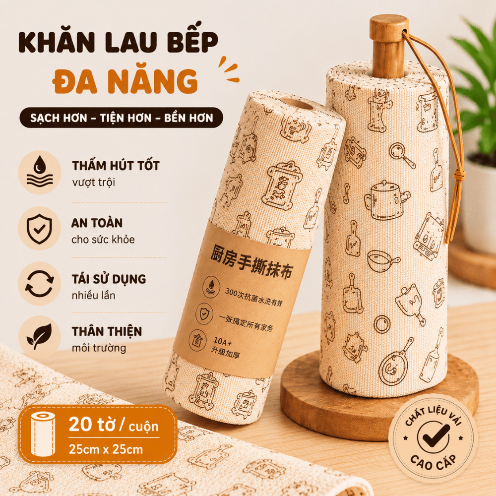 Khăn Lau Bếp Đa Năng Kháng Khuẩn RICHOUSE,Cuộn Khăn Siêu Thấm Hút Dầu Mỡ, Không Xơ Vải, Tái Sử Dụng