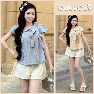 Áo Sơ Mi Nữ Kẻ Sọc Xanh Cổ Sen Thắt Nơ Ngực Tay Cánh Tiên Dáng Suông Xinh Xắn - Cakecat
