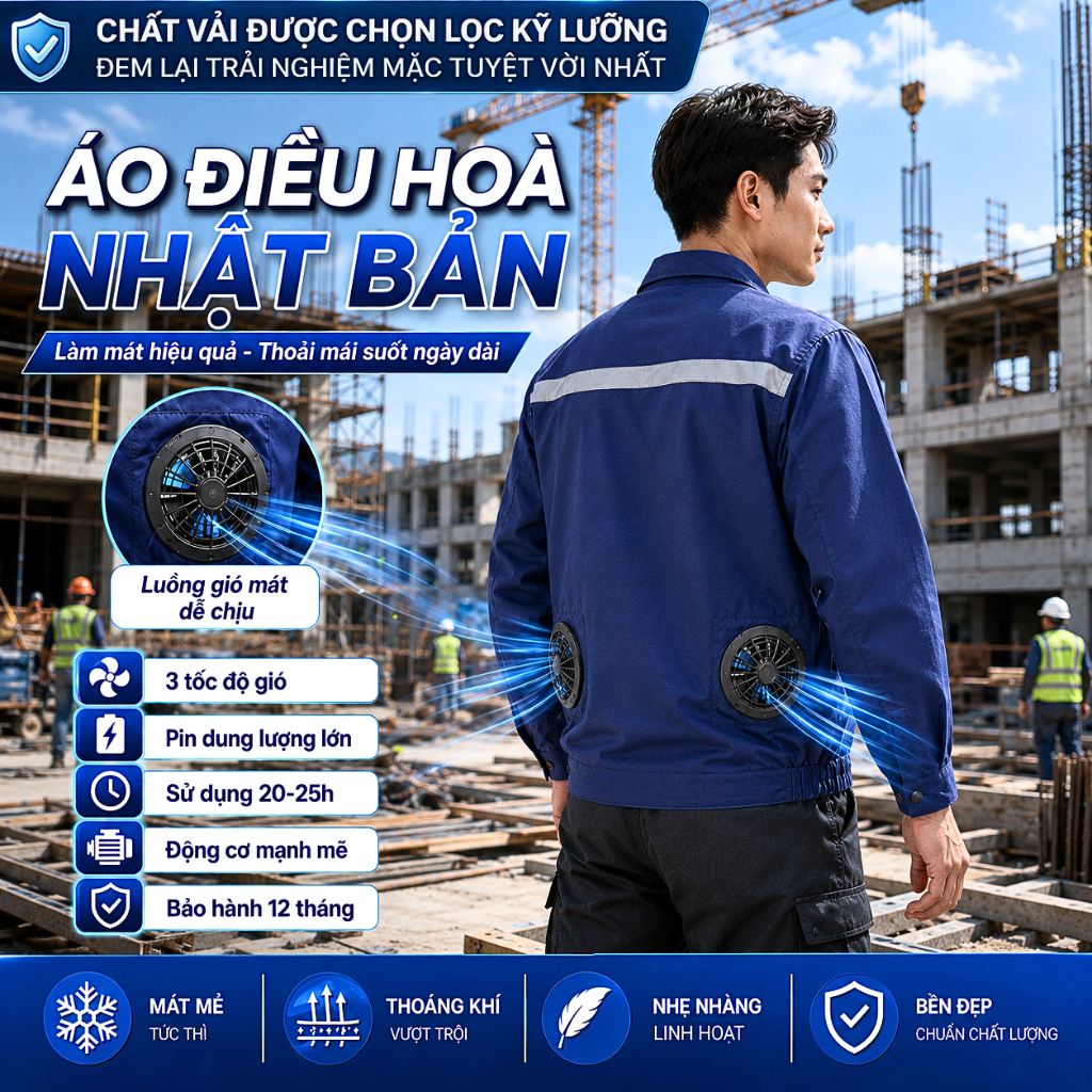 Áo điều hòa Nhật Bản 25V, quạt áo điều hòa công suất lớn hoạt động 12-16h liên tục cả ngày dài