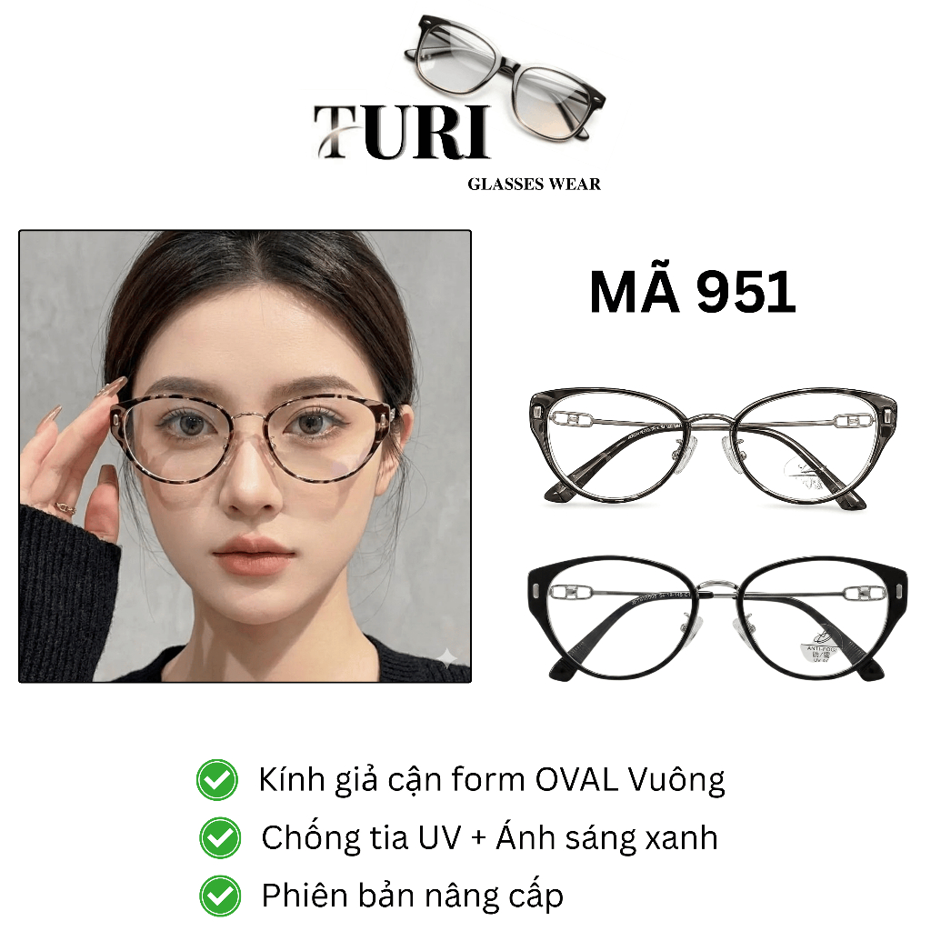 Kính Oval vuông gọng kim loại bền đẹp chống tia UV hot trend thời thượng 951
