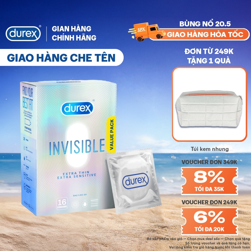 Bao Cao Su Durex Invisible Siêu Mỏng, Size 52 mm, Hộp 16 Bao Mới Ra Mắt - Hộp Lớn Siêu Tiết Kiệm - 1