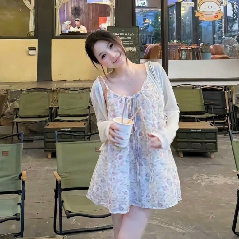 Váy hoa nhí dáng suông kèm cadigan khoác ngoài siêu xinh LABEL V34