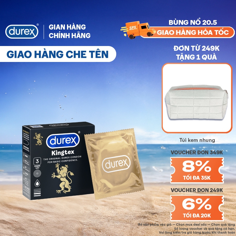Bao cao su Durex Kingtex ôm sát, bôi trơn, size 49mm, hộp 3 bao