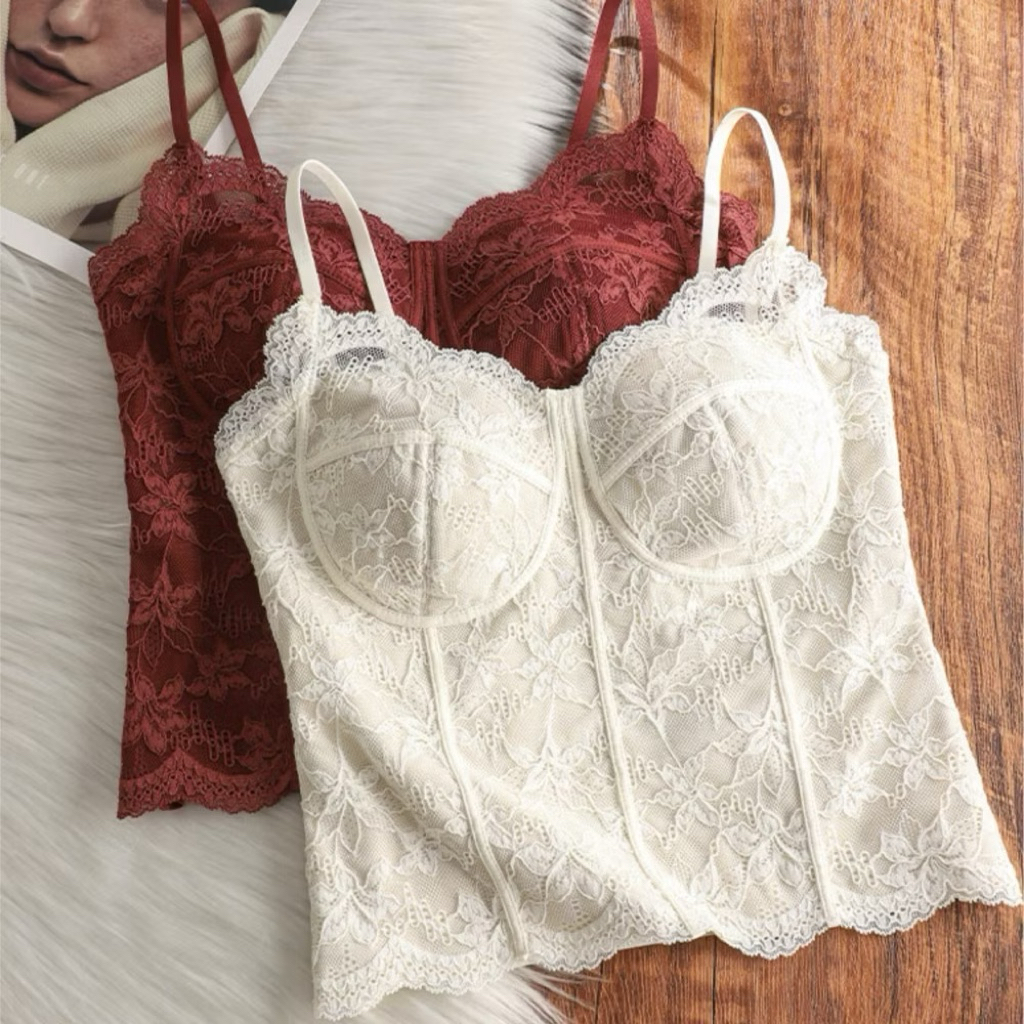 Áo Bra Nữ 2 Dây Dáng Dài Kiểu Pháp Gợi Cảm , vest yếm ren giữ nhiệt đệm ngực mỏng vừa vặn