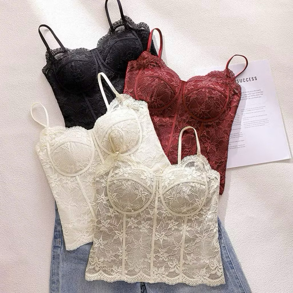 Áo Bra Nữ 2 Dây Dáng Dài Kiểu Pháp Gợi Cảm , vest yếm ren giữ nhiệt đệm ngực mỏng vừa vặn