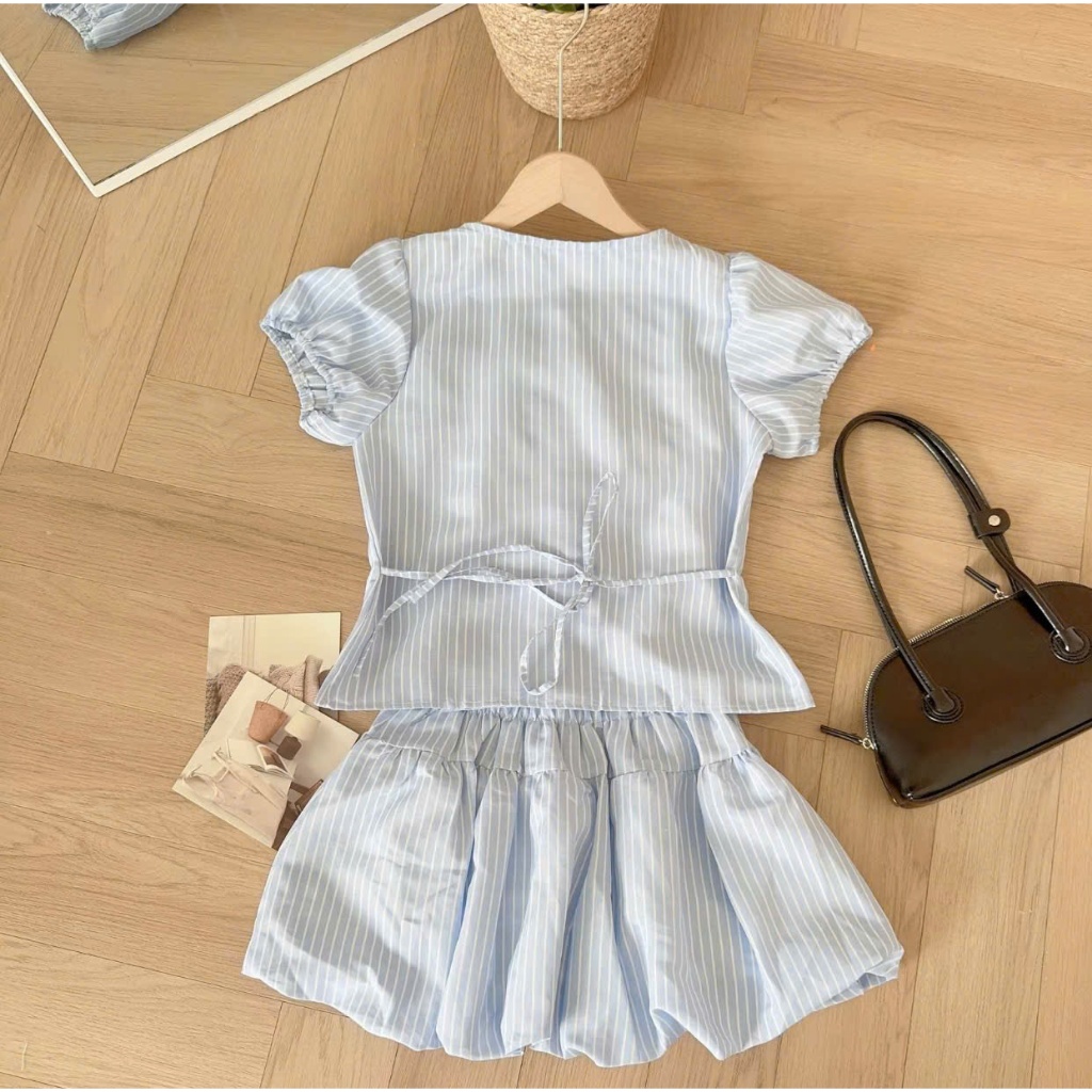 Set áo babydoll cổ tròn tay bồng buộc nơ + chân váy bí TẤM S68