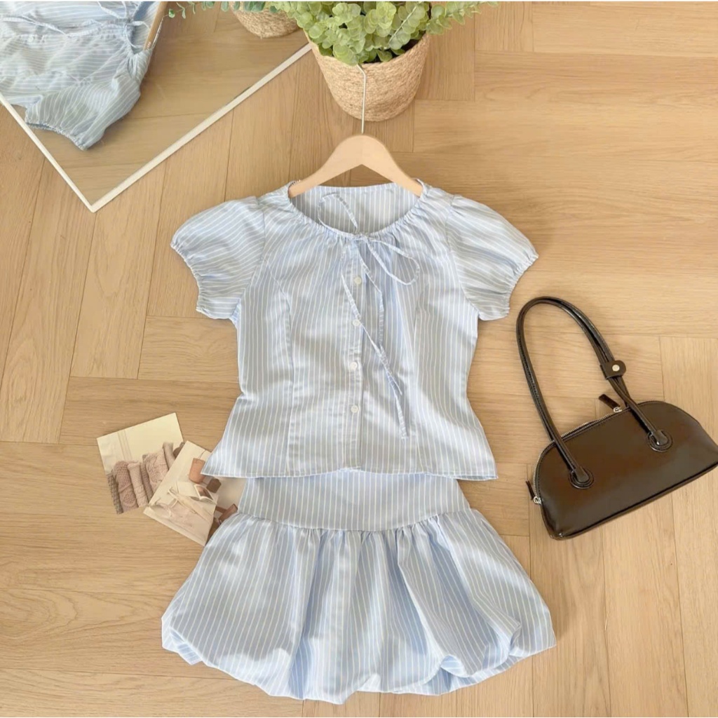 Set áo babydoll cổ tròn tay bồng buộc nơ + chân váy bí TẤM S68