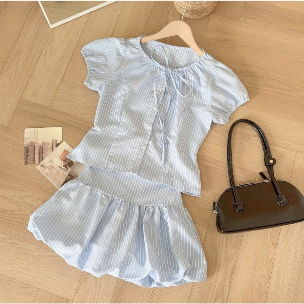 Set áo babydoll cổ tròn tay bồng buộc nơ + chân váy bí TẤM S68