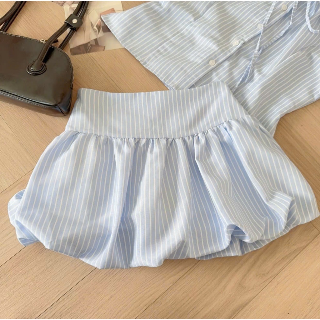 Set áo babydoll cổ tròn tay bồng buộc nơ + chân váy bí TẤM S68