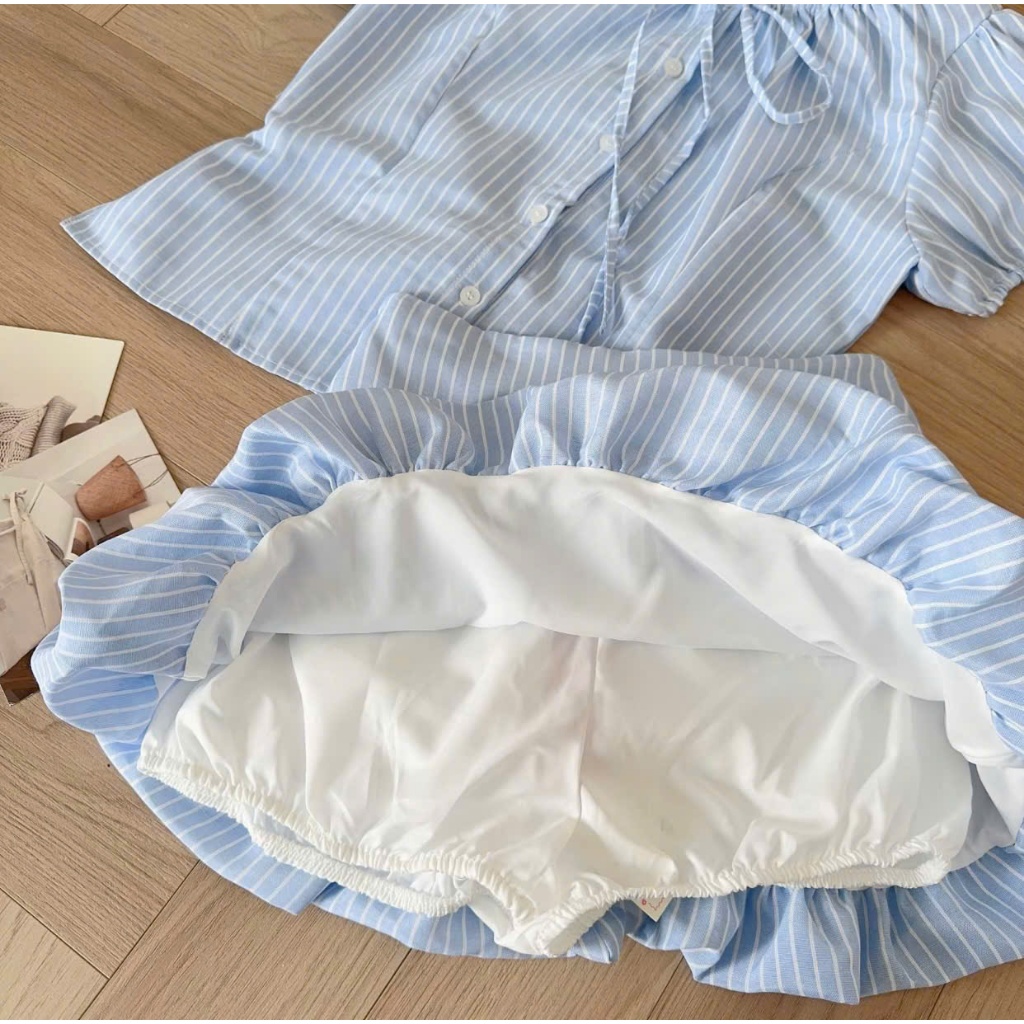 Set áo babydoll cổ tròn tay bồng buộc nơ + chân váy bí TẤM S68