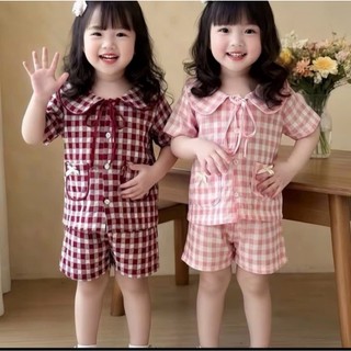 Bộ Đồ Ngủ Tiểu thư sọc caro(Chất đũi) cổ sen cho bé gái, chất vải mền mịn thoáng mát.