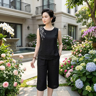 Bộ Đồ Nữ Vải Đũi Thêu Hoa Cao Cấp, Bộ Mặc Nhà Trung Niên Sang Trọng Áo Sát Nách Quần Lửng 70cm - Anh Thư Shop (AT48)