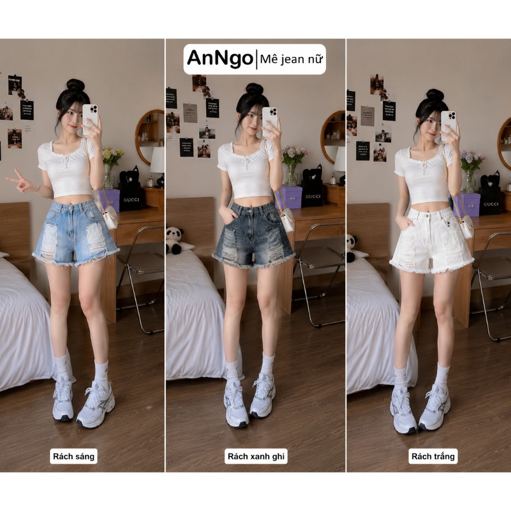 Quần short jean nữ rách nhiều cá tính, lưng cao không giãn dễ phối đồ AnNgo - AT526