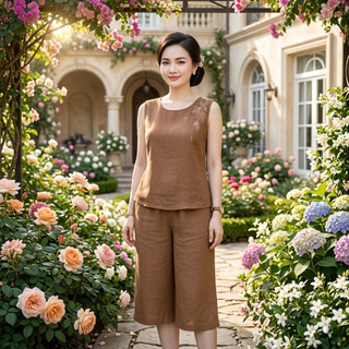 Bộ Đồ Nữ Vải Đũi Thêu Hoa Cao Cấp, Bộ Mặc Nhà Trung Niên Sang Trọng Áo Sát Nách Quần Lửng 70cm - Anh Thư Shop (AT48)