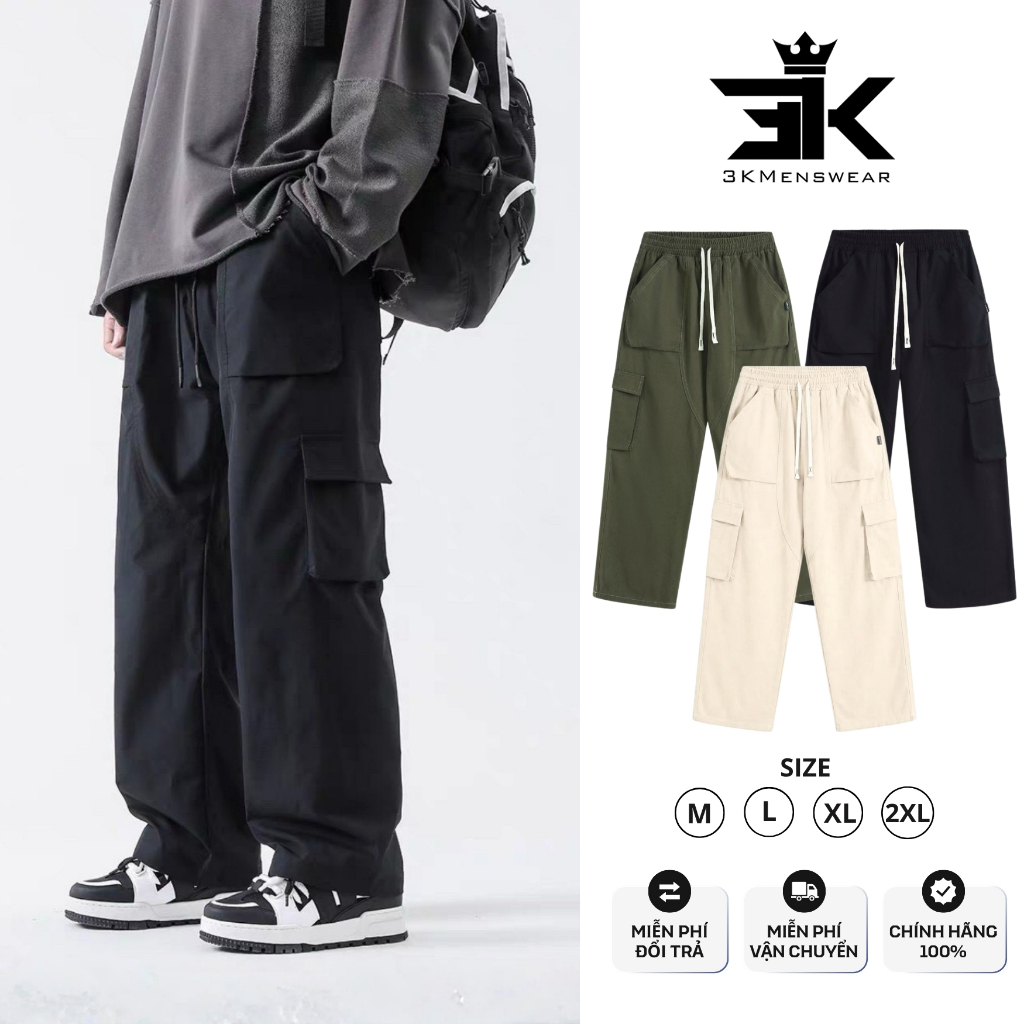 Quần Cargo kaki túi hộp 3KMENSWEAR, Quần Dài jean from uNIsex dáng suông form 45-85kg Có Túi