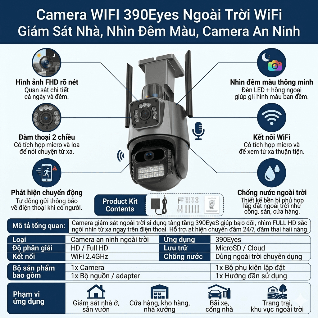 [Độ phân giải 46MP] Camera WIFI 390EYES 2 MẮT Ngoài Trời  - Giám Sát Nhà Nhìn Đêm Màu Camera An Ninh