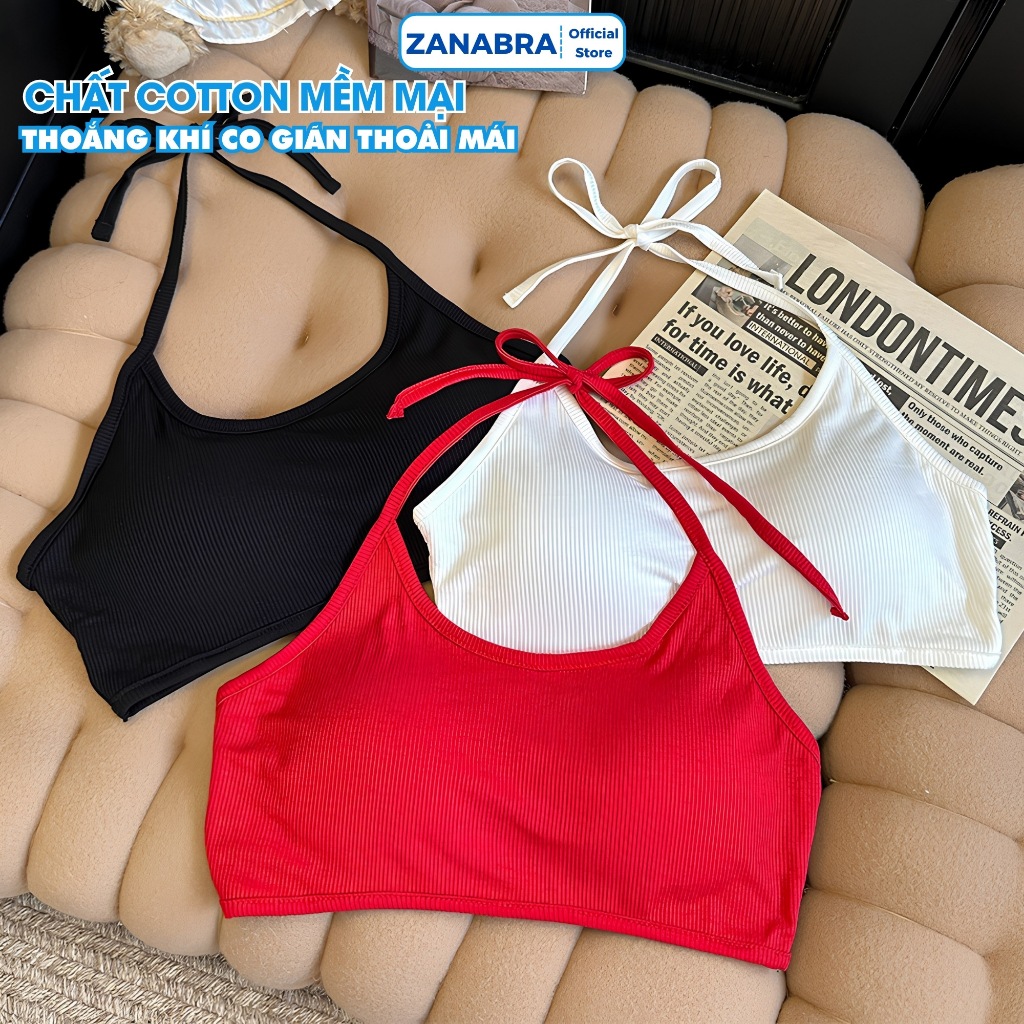 Áo Bra Nữ Cotton Co Giãn Hở Lưng - Áo 2 Dây Nữ Cổ Yếm Cột Dây Màu Sắc Tươi Sáng ZANABRA B8703