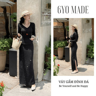 [NEW] Chân váy xẻ tà dáng dài GYOMADE® gấm đính đá cao cấp form chữ A tôn dáng sang trọng | GV043