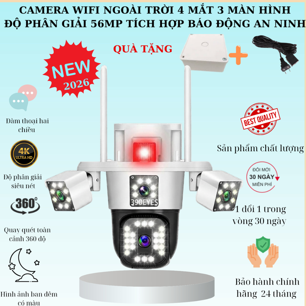 [TẶNG DÂY NỐI 3 MÉT] Camera WIFI 390EYES 4 MẮT 3 KHUNG HÌNH Ngoài Trời độ phân giải 56MP BẢN CAO CẤP