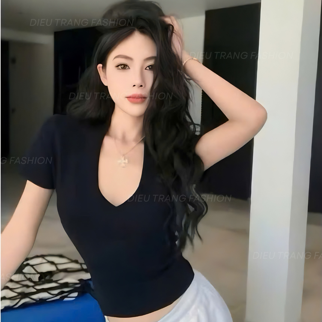 Áo Thun Nữ Cổ Tim Borip Form Ôm Body Chất Borip Co Giãn Big Size 55-90Kg AT9006 Dieu Trang Fashion