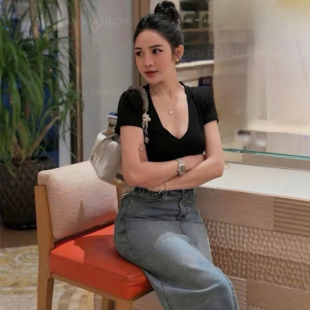 Áo Thun Nữ Cổ Tim Borip Form Ôm Body Chất Borip Co Giãn Big Size 55-90Kg AT9006 Dieu Trang Fashion