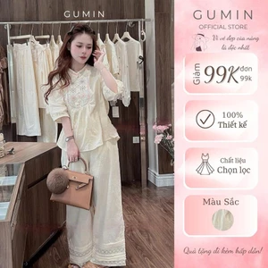 Set bộ đũi thêu cổ tàu GUMIN thiết kế áo tay lỡ hoạ tiết thêu ngực tỉ mỉ kèm quần suông dài phối viền ren sang chảnh tha