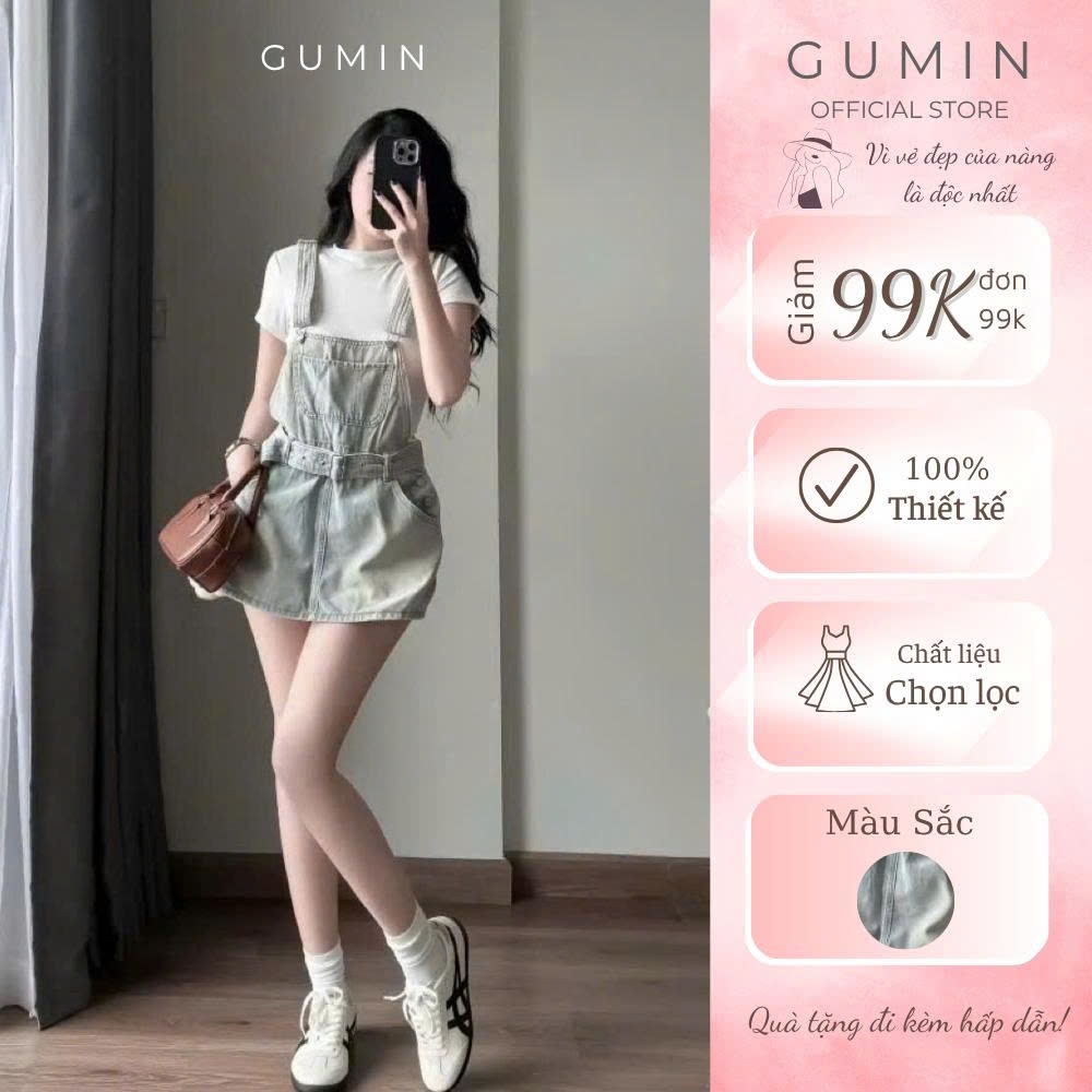 Yếm jean xanh nhạt GUMIN thiết kế đai eo có túi dáng ngắn sang chảnh chất jean cao cấp