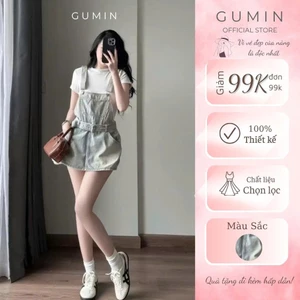 Yếm jean xanh nhạt GUMIN thiết kế đai eo có túi dáng ngắn sang chảnh chất jean cao cấp