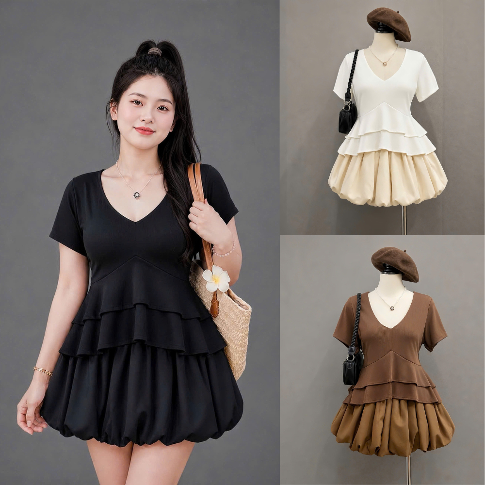 Set Bigsize Nữ Áo Peplum 2 Tầng + Chân Váy Xòe Ngắn, Che Bụng Tốt, Hack Dáng 56-92kg A348+CV413