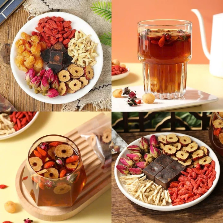 TRÀ GỪNG ĐƯỜNG NÂU ( TRÀ GỪNG TÁO ĐỎ KỶ TỬ ) Trà Gừng Thảo Mộc bổ khí huyết, Giảm đau bụng kinh, Giữ ấm tử cung