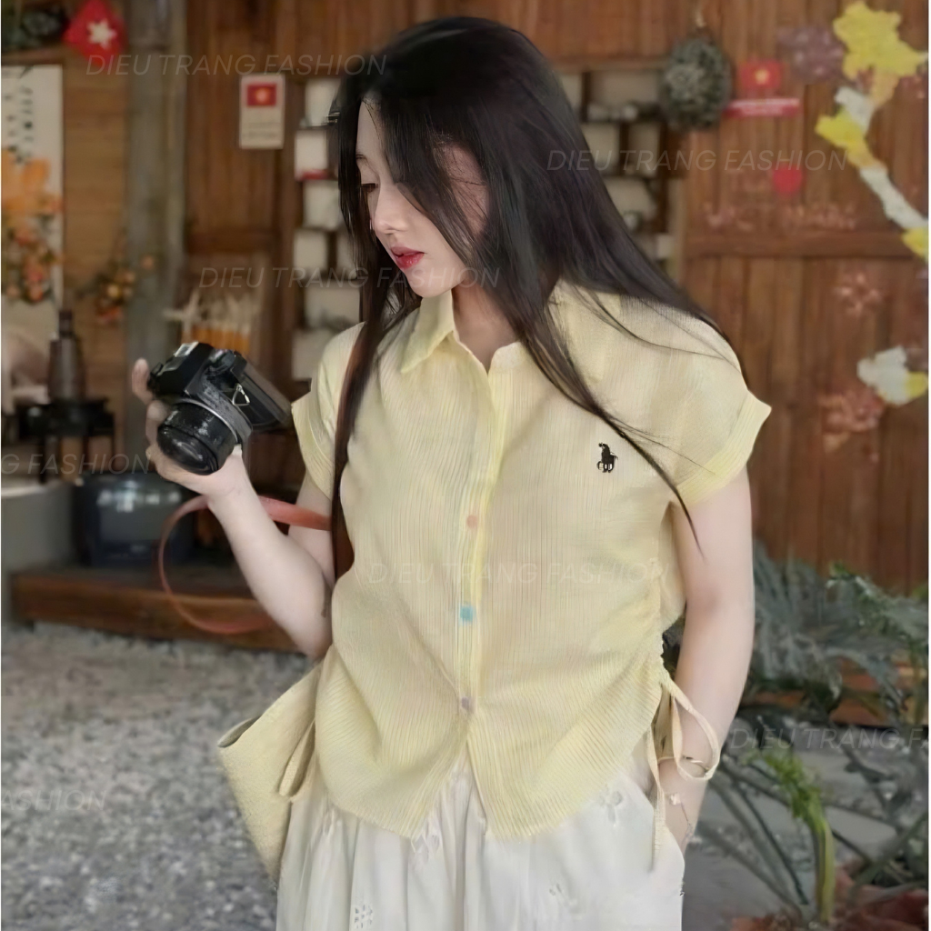 Áo Sơ Mi Nữ Tay Ngắn Thắt Eo Kẻ Sọc Form Rộng Thêu Ngựa Big Size 55-90Kg AT9021 Dieu Trang Fashion