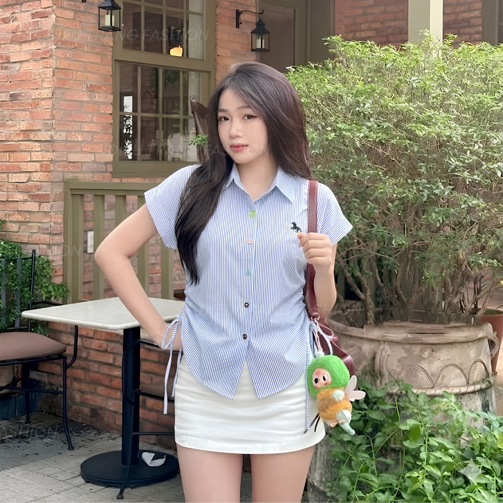 Áo Sơ Mi Nữ Tay Ngắn Thắt Eo Kẻ Sọc Form Rộng Thêu Ngựa Big Size 55-90Kg AT9021 Dieu Trang Fashion