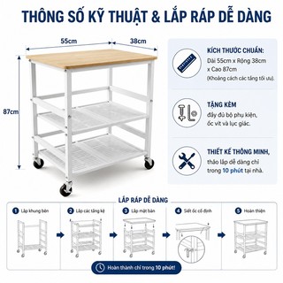 Kệ Sắt có bánh xe Kệ Dể Dồ Cao cấp Lan can chống trượt Xe Đẩy Đựng Đồ Tải trọng tối đa 150kg