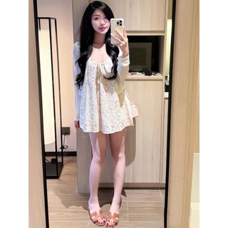 Set 2 món váy hai dây Loại 1 thiết kế gồm váy 2s babydoll ngắn mix áo khoác giấy vintage, Set đồ nữ đi biển thanh lịch