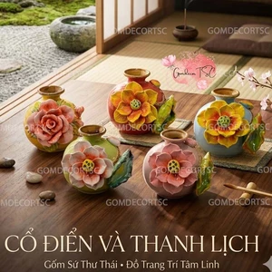 Bình Hoa Gốm Sứ Bát Tràng Dáng Đắp Nổi Mini Cao 17cm Vẽ Tay Decor Để Bàn Làm Việc GomDecorTsc