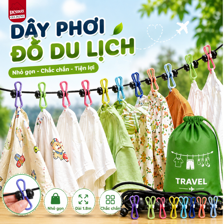 Dây Phơi Quần Áo Du Lịch Đa Năng Chống Trượt, Dây Treo Đồ Camping Có Kẹp Cố Định