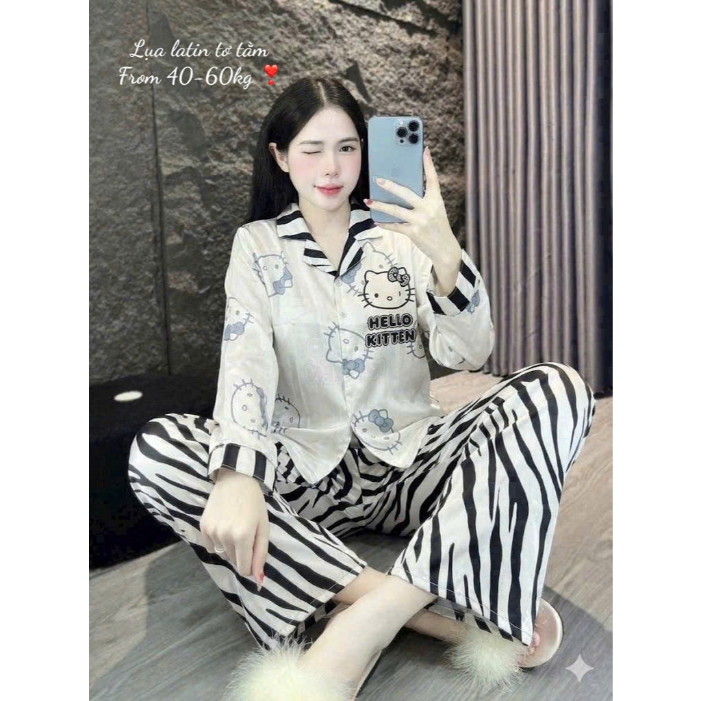 [FREESIZE 40-60KG] BỘ ĐỒ MẶC NHÀ TAY DÀI- PIJAMA LỤA LATIN CỔ V IN HỌA TIẾT