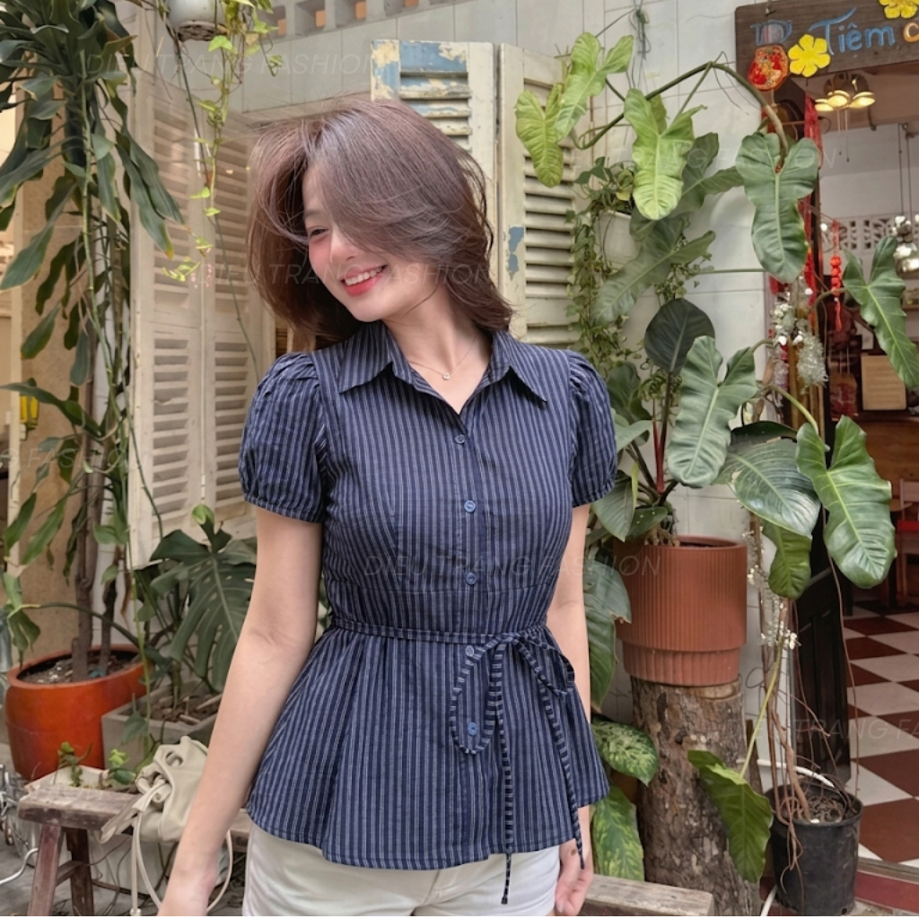 Áo Sơ Mi Nữ Kẻ Sọc Buộc Nơ Eo Tay Phồng Chất Linen Big Size 55-90Kg AT9117 Dieu Trang Fashion