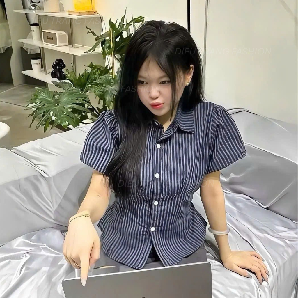 Áo Sơ Mi Nữ Kẻ Sọc Buộc Nơ Eo Tay Phồng Chất Linen Big Size 55-90Kg AT9117 Dieu Trang Fashion
