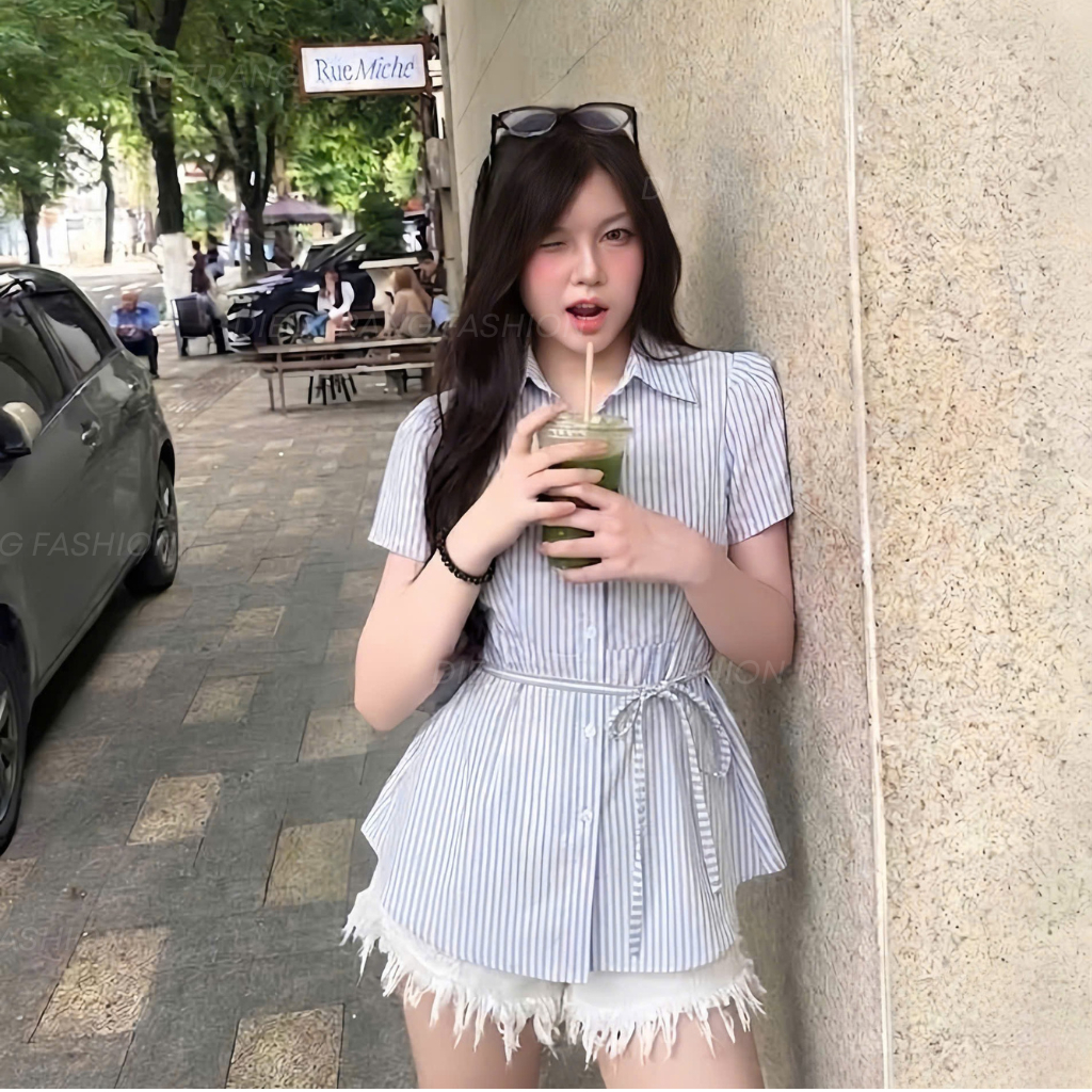 Áo Sơ Mi Nữ Kẻ Sọc Buộc Nơ Eo Tay Phồng Chất Linen Big Size 55-90Kg AT9117 Dieu Trang Fashion
