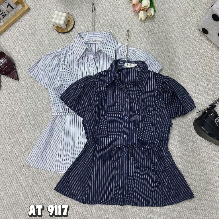 Áo Sơ Mi Nữ Kẻ Sọc Buộc Nơ Eo Tay Phồng Chất Linen Big Size 55-90Kg AT9117 Dieu Trang Fashion