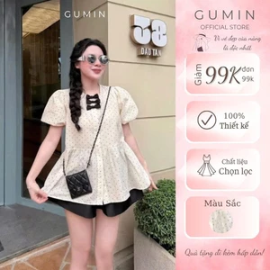 Set babydoll chấm bi GUMIN thiết kế áo đính nơ ngực tay bồng kèm quần sooc đen tiểu thư, set bộ kiểu nữ sang chảnh