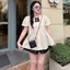 Set babydoll chấm bi GUMIN thiết kế áo đính nơ ngực tay bồng kèm quần sooc đen tiểu thư, set bộ kiểu nữ sang chảnh