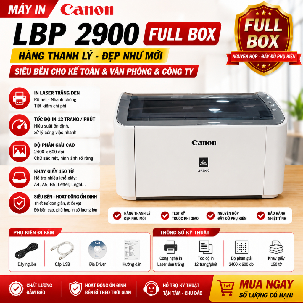 Máy In Canon LBP 2900 [FULL BOX] - Hàng Thanh Lý Đẹp Như Mới - Siêu Bền Cho Kế Toán & Văn Phòng & Công Ty
