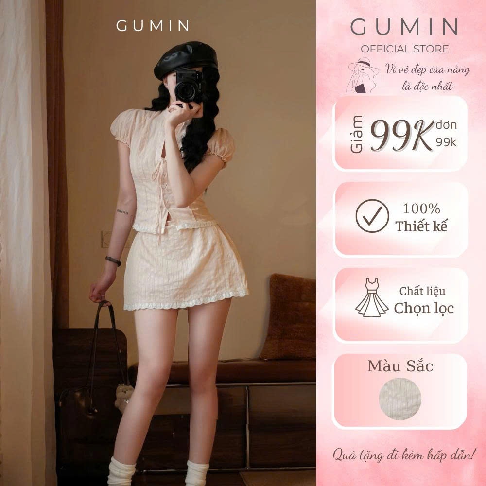 Set áo váy cổ tàu GUMIN thiết kế áo dập ly ngực kèm chân váy ngắn xoè nhẹ phối viền ren tiểu thư sang chảnh