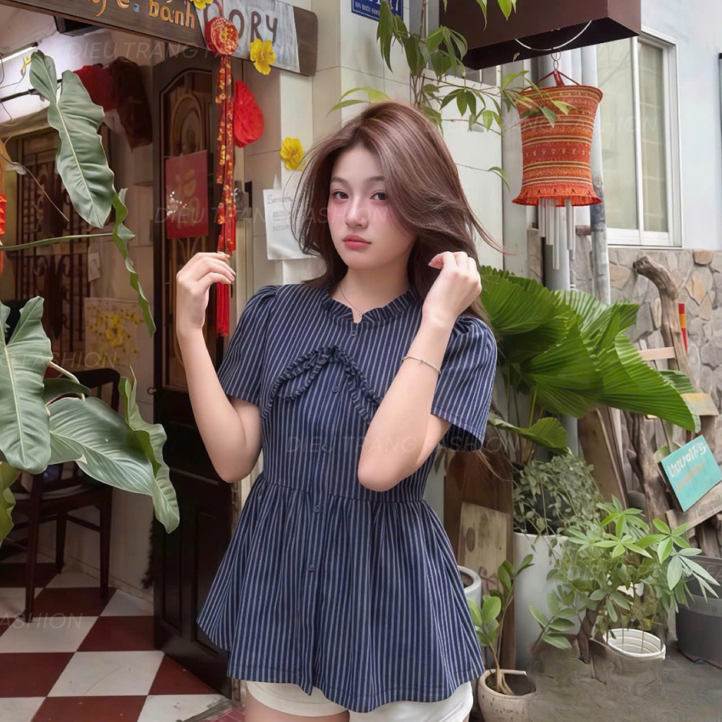 Áo Sơ Mi Nữ Kẻ Sọc Baby Doll Thắt Nơ Cổ Bèo Nhún Tôn Dáng Big Size 55-90Kg AT9119 Diệu Trang Fashion