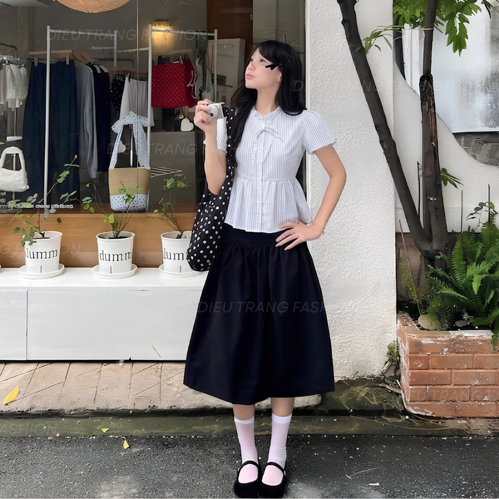 Áo Sơ Mi Nữ Kẻ Sọc Baby Doll Thắt Nơ Cổ Bèo Nhún Tôn Dáng Big Size 55-90Kg AT9119 Diệu Trang Fashion